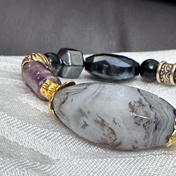 Montana Moss Agate Handmade Bracelet Beaded Crystal And Metal Stretch Artisan 7 - Picture 5 of 9